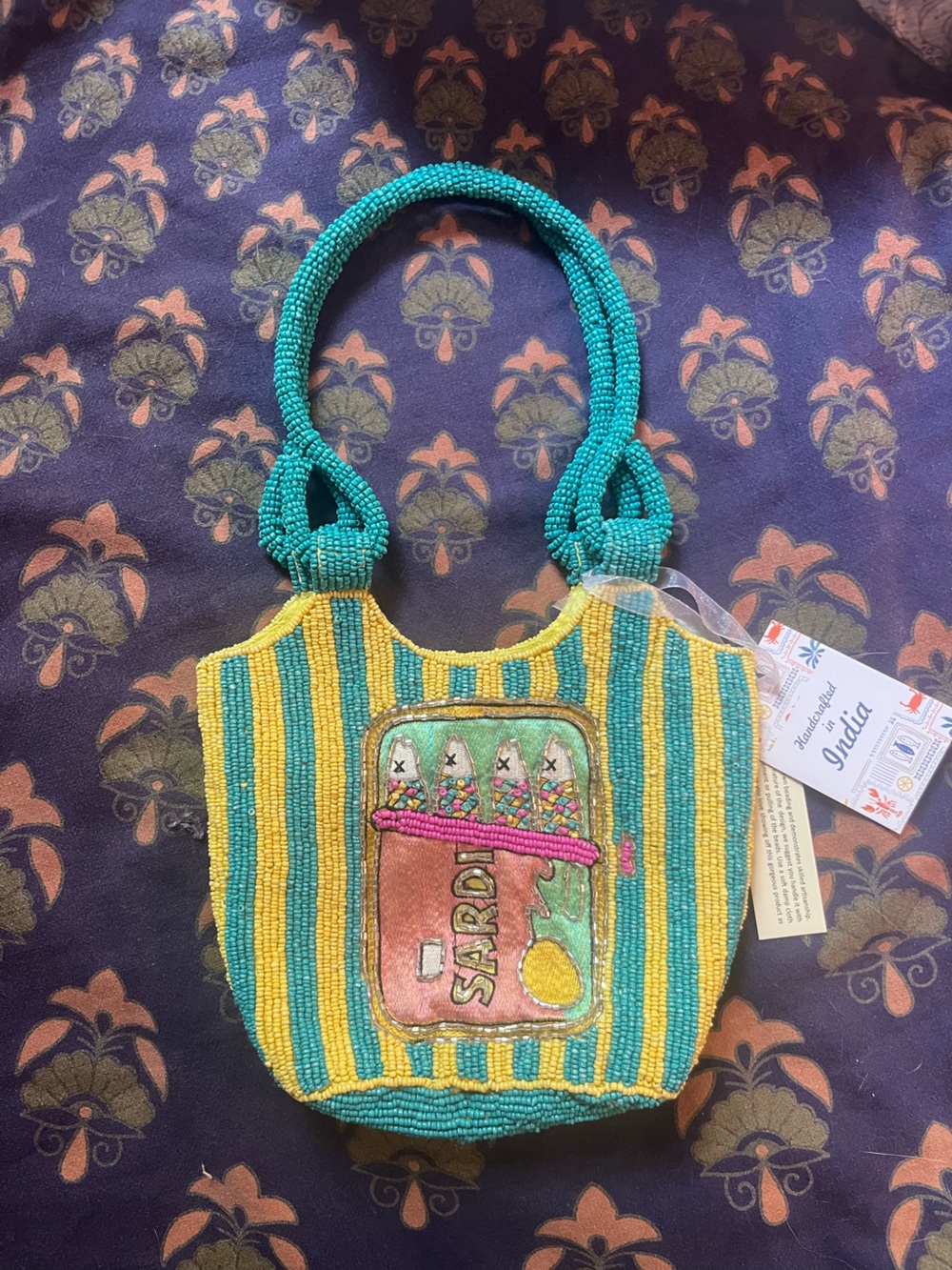 Handcrafted Beaded Sardine bag in Yellow & Teal